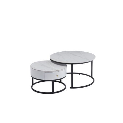Lot 2 Tables Basses Gigognes Novela Avec Tiroir Céramique Marbre Blanc Métal Noir D80/d60x45/40cm