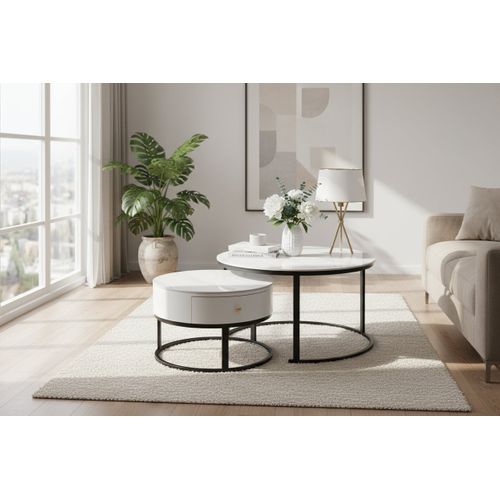 Lot 2 Tables Basses Gigognes Novela Avec Tiroir Céramique Marbre Blanc Métal Noir D80/d60x45/40cm