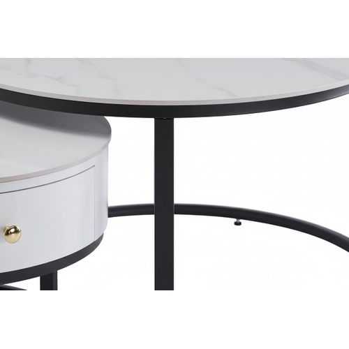 Lot 2 Tables Basses Gigognes Novela Avec Tiroir Céramique Marbre Blanc Métal Noir D80/d60x45/40cm