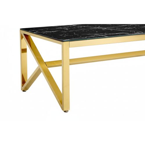Table Basse Majestique Rectangle Plateau Verre Trempé Marbré Noir Pieds Gold 120x60x45cm