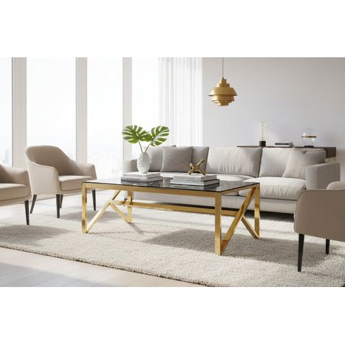 Table Basse Majestique Rectangle Plateau Verre Trempé Marbré Noir Pieds Gold 120x60x45cm