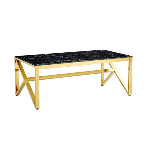 Table Basse Majestique Rectangle Plateau Verre Trempé Marbré Noir Pieds Gold 120x60x45cm