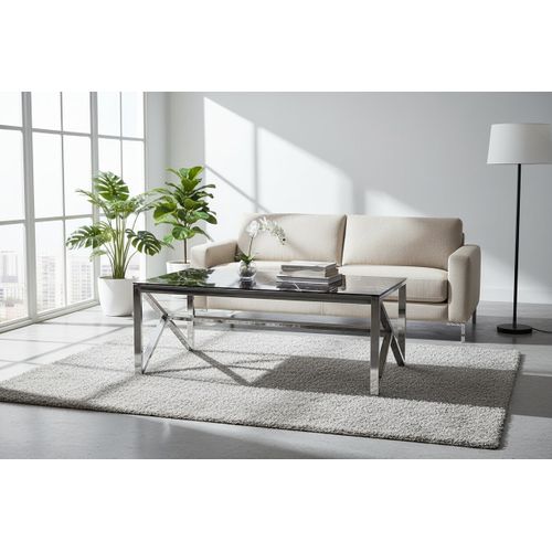 Table Basse Majestique Rectangle Plateau Verre Trempé Marbré Noir Pieds Chrome 120x60x45cm