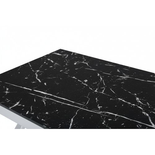 Table Basse Majestique Rectangle Plateau Verre Trempé Marbré Noir Pieds Chrome 120x60x45cm