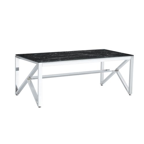 Table Basse Majestique Rectangle Plateau Verre Trempé Marbré Noir Pieds Chrome 120x60x45cm