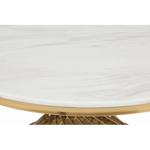 Table Basse Deluxe Ronde Plateau Verre Trempé Marbré Blanc Structure Gold D100x45cm