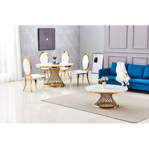 Table Basse Deluxe Ronde Plateau Verre Trempé Marbré Blanc Structure Gold D100x45cm