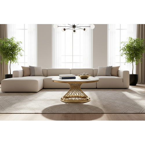 Table Basse Deluxe Ronde Plateau Verre Trempé Marbré Blanc Structure Gold D100x45cm