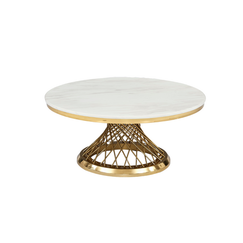 Table Basse Deluxe Ronde Plateau Verre Trempé Marbré Blanc Structure Gold D100x45cm