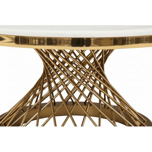 Table Basse Deluxe Ronde Plateau Verre Trempé Marbré Blanc Structure Gold D100x45cm