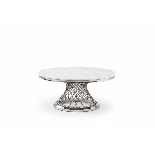 Table Basse Deluxe Ronde Plateau Verre Trempé Marbré Blanc Structure Chrome D100x45cm