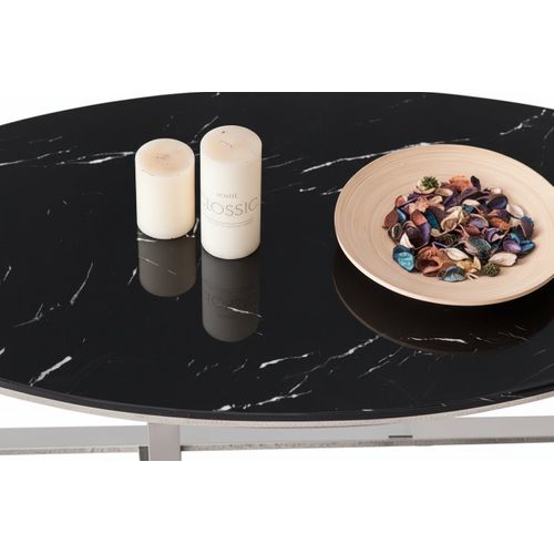 Table Basse Ovale Gamma Plateau Granite Effet Marbre Noir Pieds Chrome 120x60x45cm