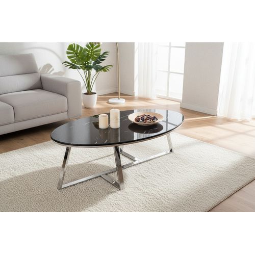 Table Basse Ovale Gamma Plateau Granite Effet Marbre Noir Pieds Chrome 120x60x45cm
