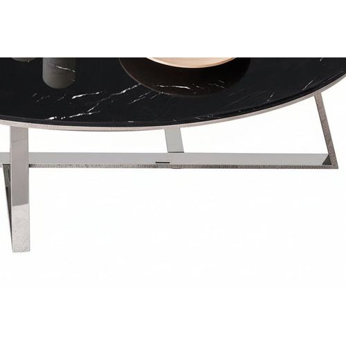 Table Basse Ovale Gamma Plateau Granite Effet Marbre Noir Pieds Chrome 120x60x45cm