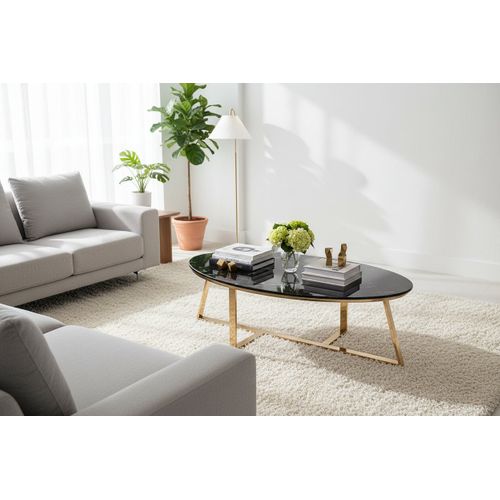 Table Basse Ovale Gamma Plateau Granite Effet Marbre Noir Pieds Gold 120x60x45cm