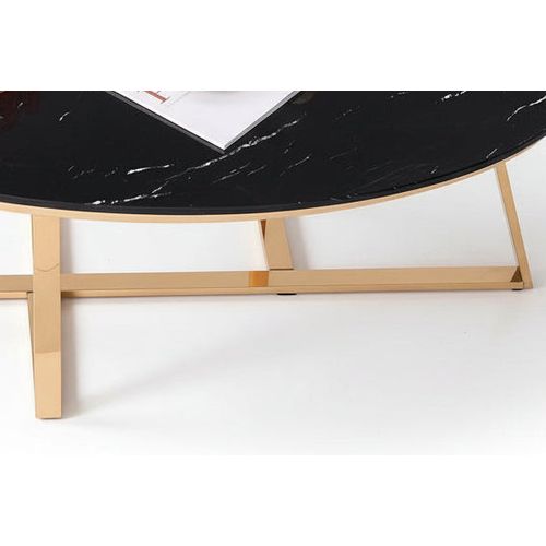 Table Basse Ovale Gamma Plateau Granite Effet Marbre Noir Pieds Gold 120x60x45cm