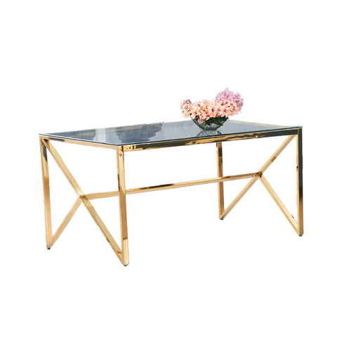 Table à Manger Design Verre Trempé Transparent et Doré – 150×90 Cm