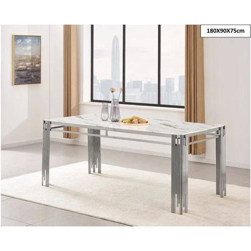 Table à Manger XXL Flute Chrome Plateau En Verre Marbré Blanc 180 Cm