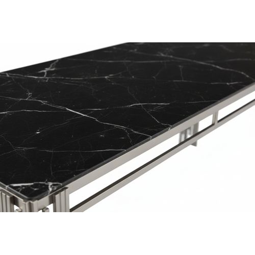 Table à Manger Verre Marbré Noir Pied Métal Chrome 180x90 Cm Flute