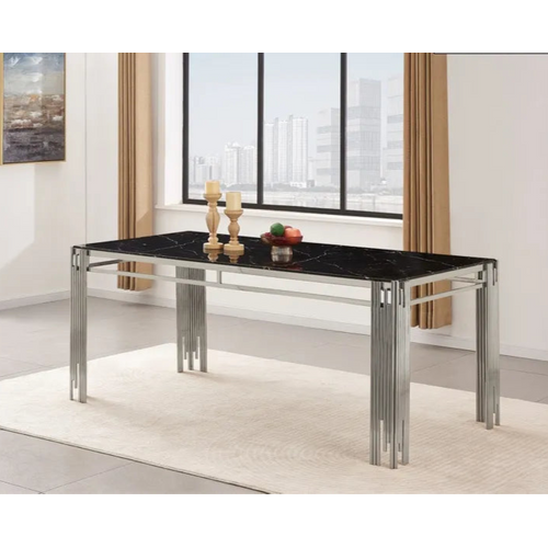 Table à Manger Verre Marbré Noir Pied Métal Chrome 180x90 Cm Flute