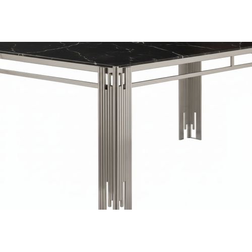 Table à Manger Verre Marbré Noir Pied Métal Chrome 180x90 Cm Flute