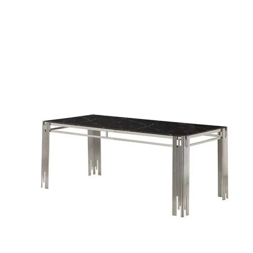 Table à Manger Verre Marbré Noir Pied Métal Chrome 180x90 Cm Flute