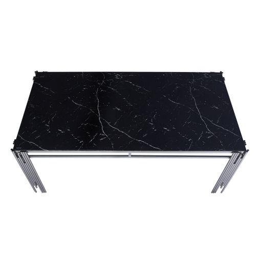 Table à Manger Verre Marbré Noir Pied Métal Chrome 180x90 Cm Flute
