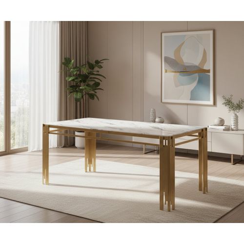 Table à Manger Rectangulaire Gold Plateau Effet Marbré Blanc – 150x90x75 Cm – Flute