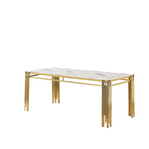Table à Manger Rectangulaire Gold Plateau Effet Marbré Blanc – 150x90x75 Cm – Flute