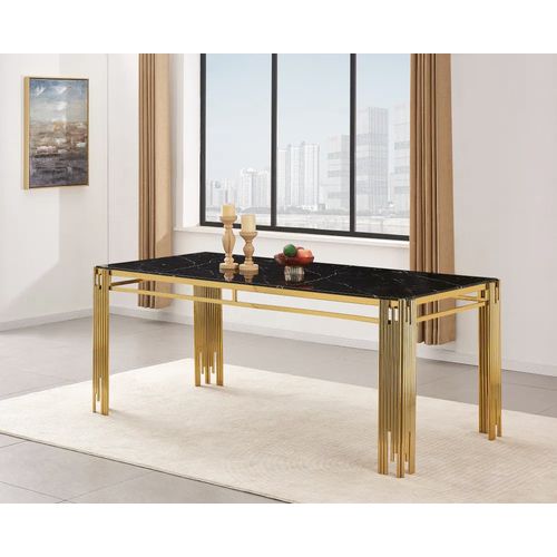 Table à Manger Rectangulaire Gold Plateau Effet Marbré Noir 180x90x75 Cm - Flute