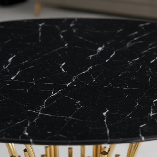 Table à Manger Ronde Gold Verre Trempé Marbré Noir – 120 Cm – Flute