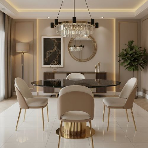 Table à Manger Ronde Gold Verre Trempé Marbré Noir – 120 Cm – Flute