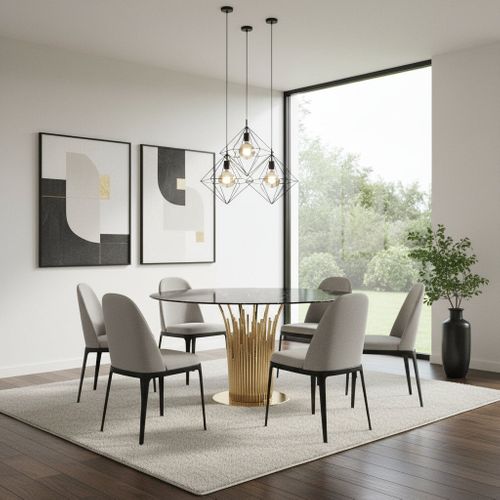 Table à Manger Ronde Gold Verre Trempé Marbré Noir – 120 Cm – Flute