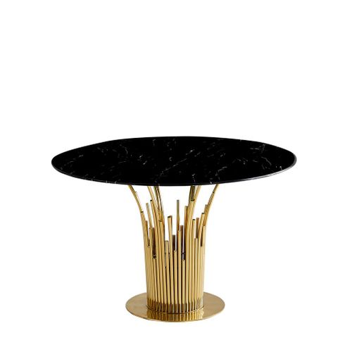 Table à Manger Ronde Gold Verre Trempé Marbré Noir – 120 Cm – Flute