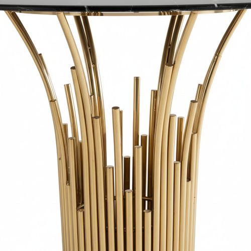 Table à Manger Ronde Gold Verre Trempé Marbré Noir – 120 Cm – Flute