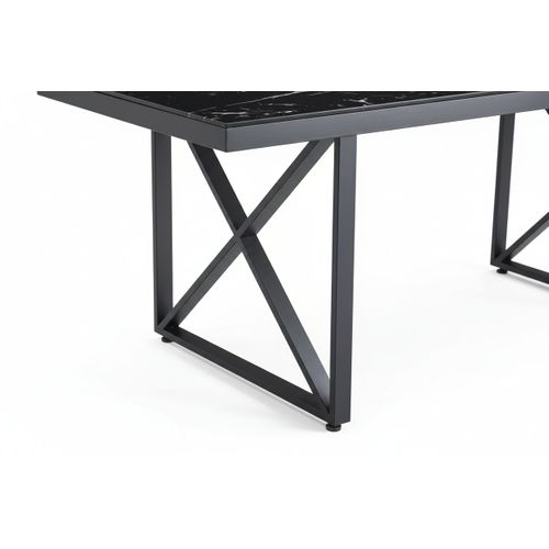 Table à Manger Verre Trempé Marbré Noir et Métal Noir – 180×90 Cm