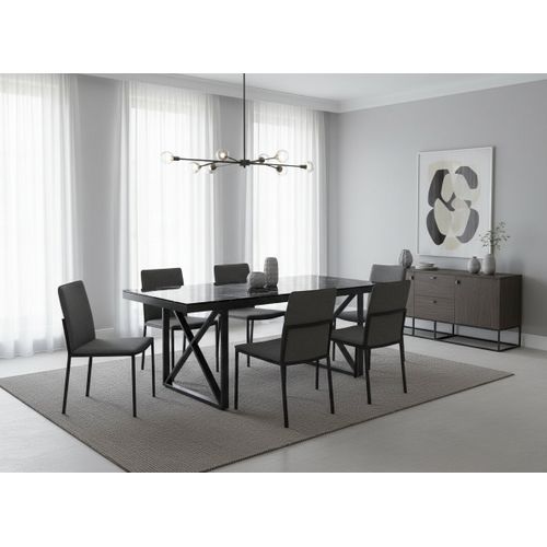 Table à Manger Verre Trempé Marbré Noir et Métal Noir – 180×90 Cm
