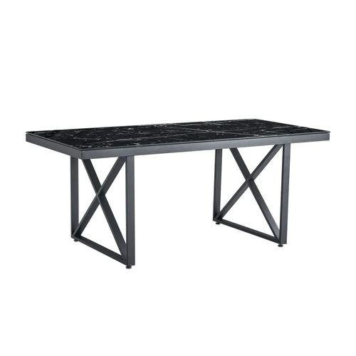 Table à Manger Verre Trempé Marbré Noir et Métal Noir – 180×90 Cm