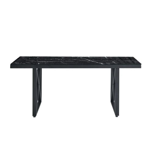 Table à Manger Verre Trempé Marbré Noir et Métal Noir – 180×90 Cm