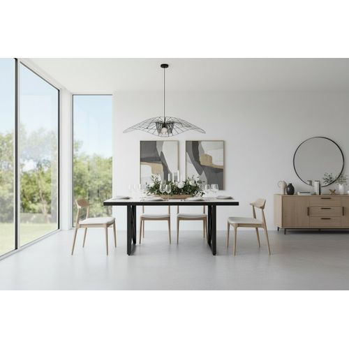 Table à Manger Design Verre Trempé Marbré Blanc et Métal Noir – 180×90 Cm