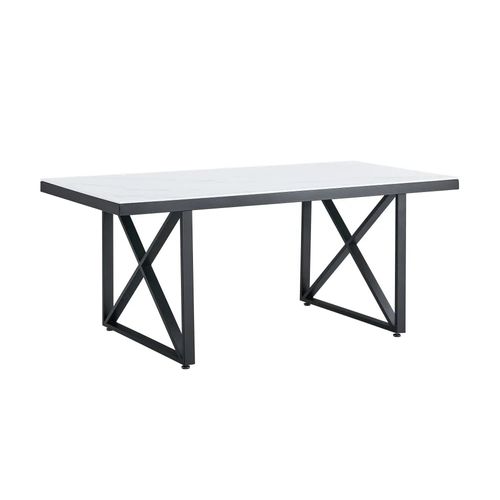 Table à Manger Design Verre Trempé Marbré Blanc et Métal Noir – 180×90 Cm