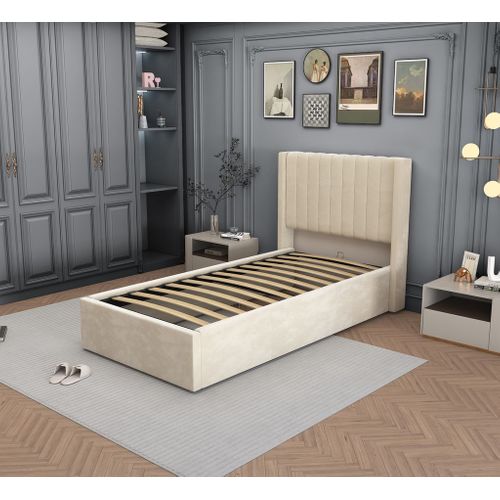 Lit Coffre Velours Beige Sommier Relevable 90x190 Cm Camille