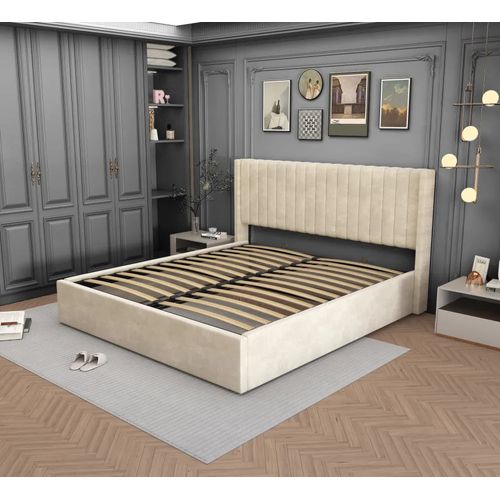 Lit Double Coffre Camille En Velours Beige 140x190cm