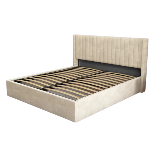 Lit Double Coffre Camille En Velours Beige 140x190cm