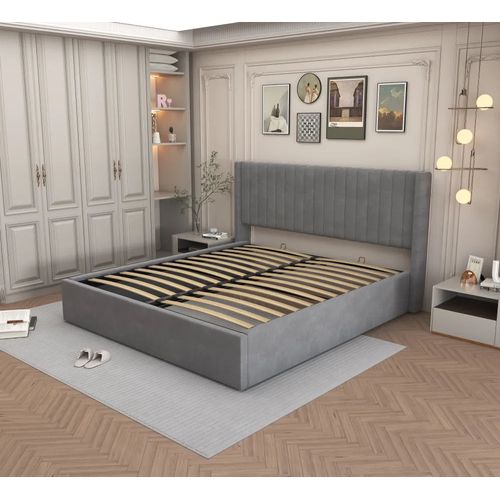 Lit Coffre Camille En Velours Gris 160x200cm