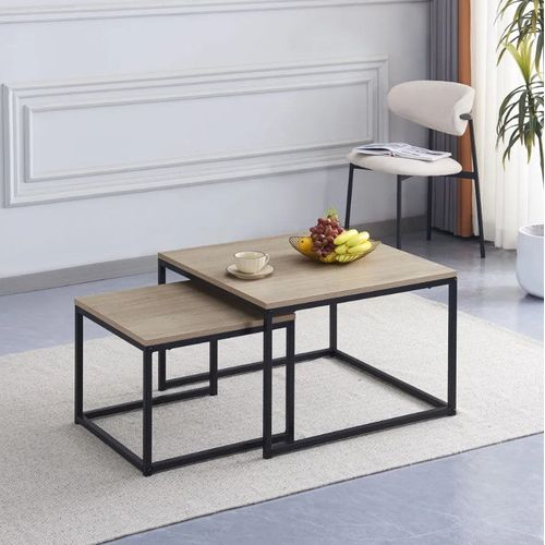 Table Basse Gigogne Belgrade Métal Noir Plateau En Bois - Chêne Griffé