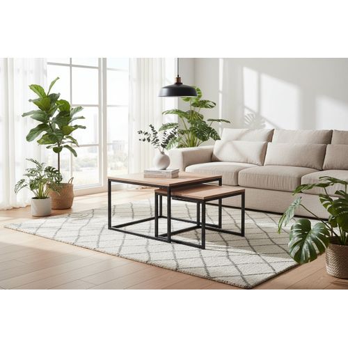 Table Basse Gigogne Belgrade Métal Noir Plateau En Bois - Chêne Griffé