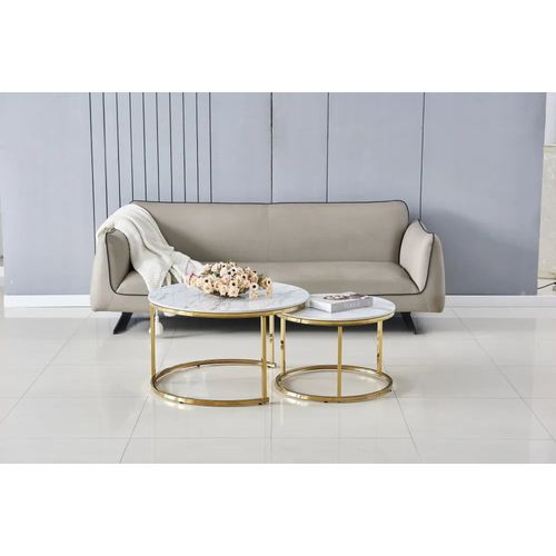 Ensemble De 2 Tables Basses Gigogne Marbre Blanc Gold Brossé