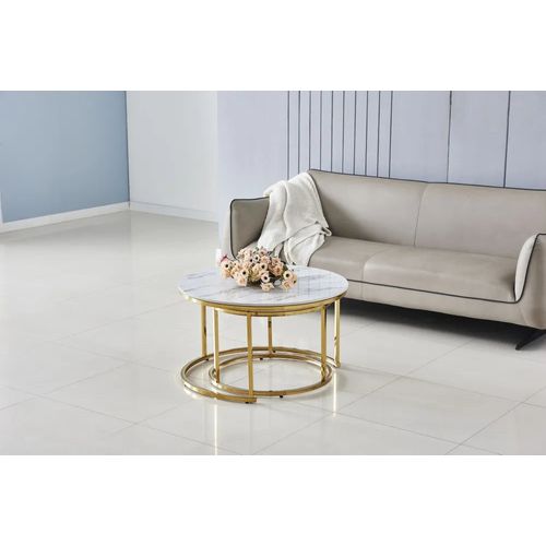Ensemble De 2 Tables Basses Gigogne Marbre Blanc Gold Brossé