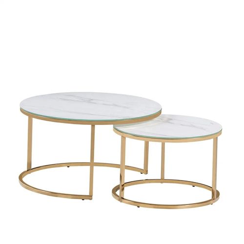 Ensemble De 2 Tables Basses Gigogne Marbre Blanc Gold Brossé